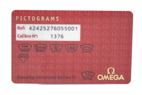 Omega Pictogram Card 42425276055001 Manual Caliber 1376: Omega Pictogram Card 42425276055001 Manual Caliber 1376 This Omega Pictogram Card features the model number 42425276055001 and is powered by the Caliber 1376 manual movement. It is a pre-owned item in