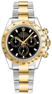 Rolex Daytona 116523 Black Dial Oyster Bracelet 18K YG-SS: Rolex Daytona 116523 Black Dial Oyster Bracelet 18K YG-SS Experience the elegance of the Rolex Daytona, featuring a striking black dial and smooth bezel. This men's watch is part of the iconic Daytona
