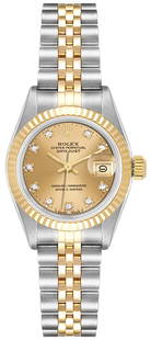 Rolex Datejust Gold Dial Jubilee Bracelet Ref 69173 with Warranty Papers: Rolex Datejust Gold Dial Jubilee Bracelet Ref 69173 with Warranty Papers This elegant Rolex Datejust watch is designed specifically for ladies and features a stunning gold dial complemented by a flute
