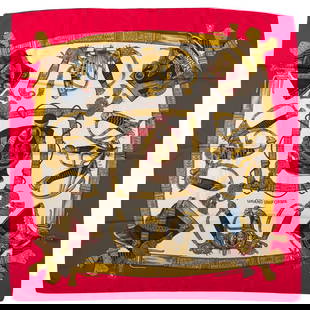 Hermes Grand Uniforme Silk Twill Scarf by Metz Red 35x35 in: Hermes Grand Uniforme Silk Twill Scarf by Metz Red 35x35 in Embrace timeless elegance with this Hermes Grand Uniforme silk twill scarf, featuring a striking vibrant red color. Designed by the renowned