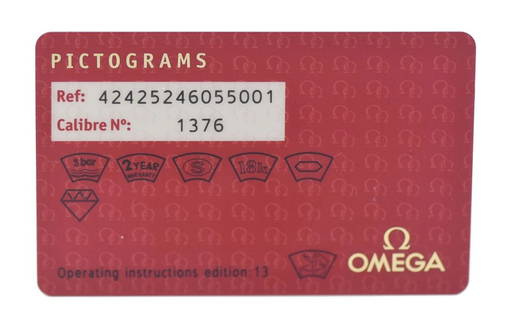 Omega Pictogram Card 42425246055001 Manual Caliber 1376: Omega Pictogram Card 42425246055001 Manual Caliber 1376 This Omega Pictogram Card 42425246055001 features a Caliber 1376 movement and is a manual type. It is a pre-owned item, showcasing the craftsman