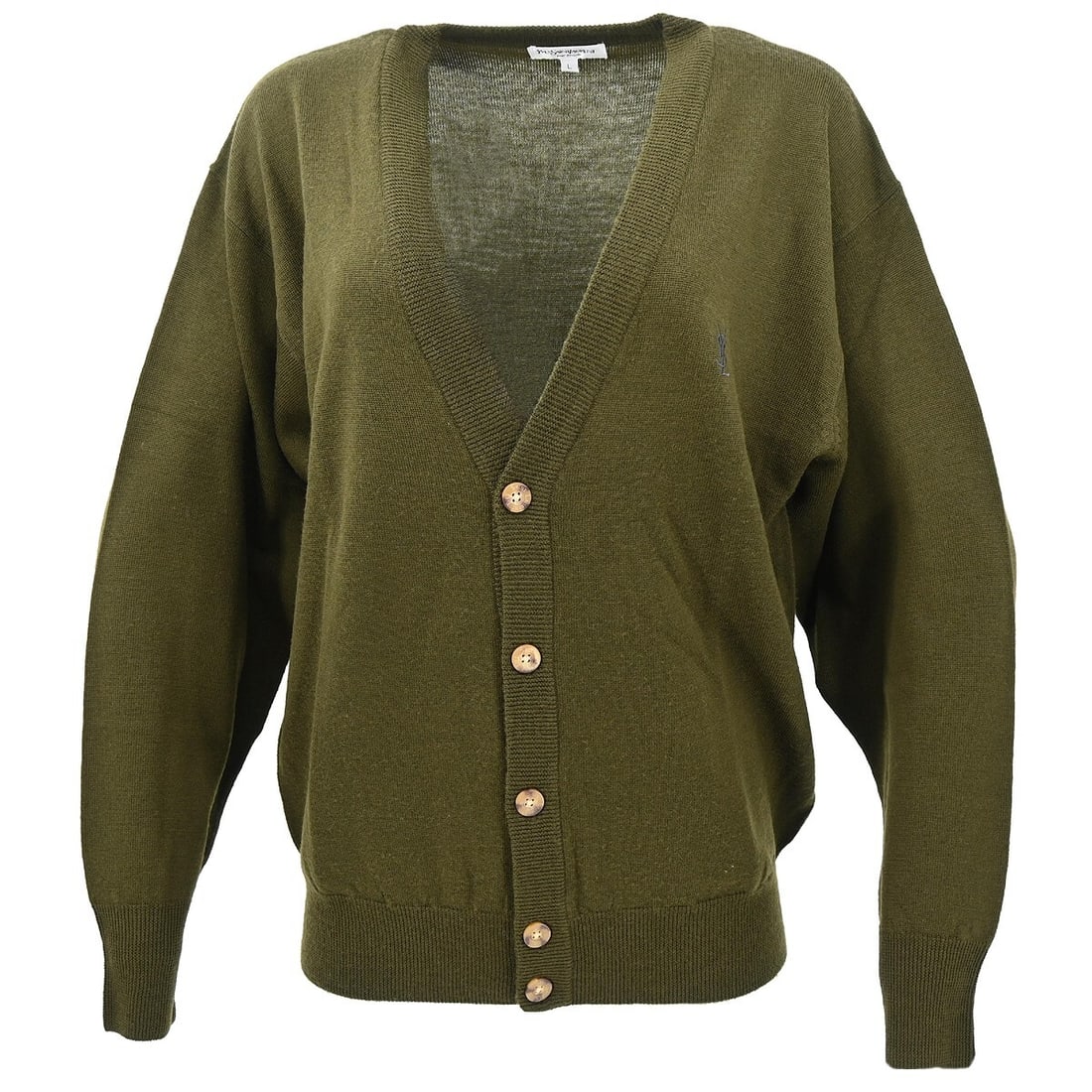 Yves Saint Laurent Green Wool Cardigan Size #L Mid-Length Casual: Yves Saint Laurent Green Wool Cardigan Size #L Mid-Length Casual This elegant Yves Saint Laurent cardigan is crafted from 100% wool, making it a perfect choice for the fall and winter seasons. The mid