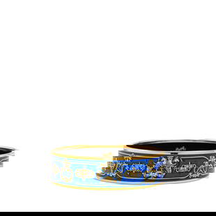 Hermes Wide Printed Enamel Bangle 65 Blue Costume Jewelry: Hermes Wide Printed Enamel Bangle 65 Blue Costume Jewelry This stunning Hermes Wide Printed Enamel Bangle showcases a vibrant print on a luxurious enamel and gold-plated metal body, making it a stando