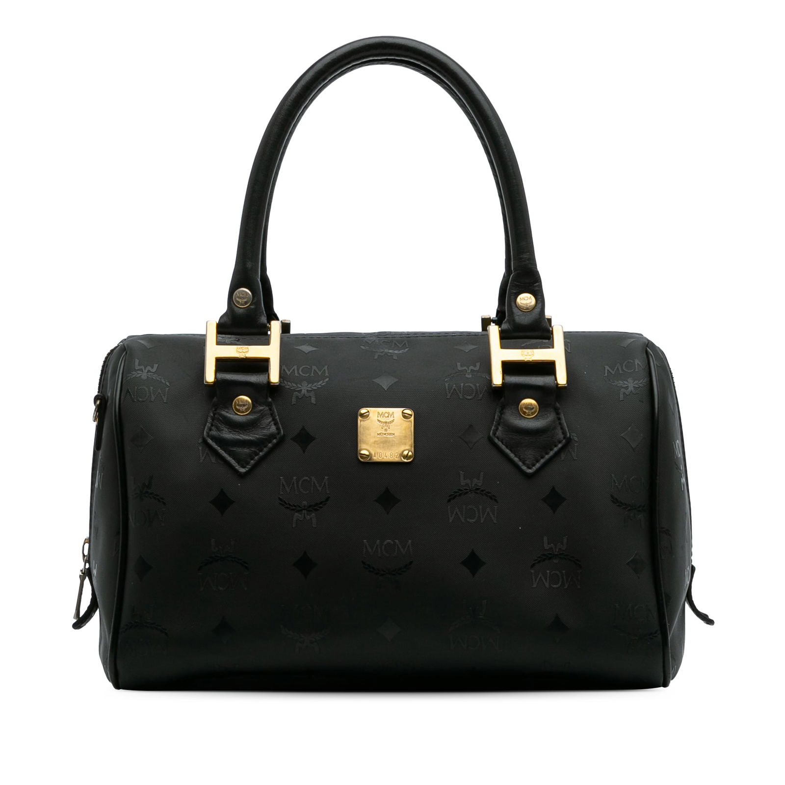 MCM Visetos Black Nylon Boston Bag with Leather Accents: MCM Visetos Black Nylon Boston Bag with Leather Accents This MCM Visetos Nylon Boston Bag showcases a stylish nylon body complemented by leather accents. It features rolled leather handles for comfort