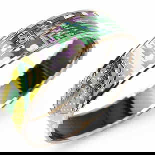 Hermes Enamel Bangle with Belt Motif in Green Purple Red: Hermes Enamel Bangle with Belt Motif in Green Purple Red This exquisite Hermes bangle showcases a vibrant belt motif in striking green, purple, and red colors. Crafted from high-quality enamel and lea