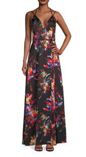 Aidan Mattox Floral Strappy Faux Wrap Maxi Dress Black 61" Size 10: Aidan Mattox Floral Strappy Faux Wrap Maxi Dress Black 61" Size 10 Elevate your wardrobe with this stunning Aidan by Aidan Mattox Strappy Faux Wrap Maxi Dress in classic black, perfect for formal part