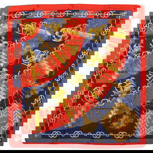 Hermes Cliquetis Silk Scarf Red Blue Gold Accent by Julia Abadie: Hermes Cliquetis Silk Scarf Red Blue Gold Accent by Julia Abadie This exquisite Hermes Cliquetis Silk Scarf features a vibrant red and blue design with gold accent details by Julia Abadie. Measuring 3