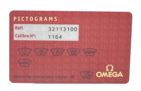 Omega Pictogram Card 32113100 for Caliber 1164 Manual Watches: Omega Pictogram Card 32113100 for Caliber 1164 Manual Watches This Omega Pictogram Card 32113100 is designed for the Caliber 1164 manual watch. It is a pre-owned item, showcasing the brand's commitmen