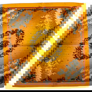 Hermes Yellow Silk Cosmos Print Scarf by Philippe Ledoux 17.5x17.5 in: Hermes Yellow Silk Cosmos Print Scarf by Philippe Ledoux 17.5x17.5 in Elevate your accessory collection with this exquisite Hermes Yellow Silk Cosmos Scarf. Crafted from fine silk, this scarf features