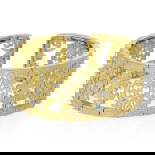 Judith Ripka 3.00ct Diamond 18k Yellow Gold Cuff Bracelet Fleur de Lis: Judith Ripka 3.00ct Diamond 18k Yellow Gold Cuff Bracelet Fleur de Lis Introducing a breathtaking wide cuff bracelet by Judith Ripka, expertly crafted from 18k yellow gold with both polished and textu