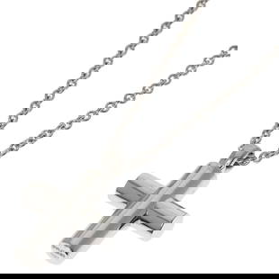 Bvlgari 18K White Gold Latin Cross Necklace for Women: Bvlgari 18K White Gold Latin Cross Necklace for Women Embrace elegance with this stunning Bvlgari Latin Cross Necklace, exquisitely crafted from 18K white gold. Designed specifically for women, this p