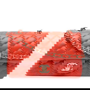 Chanel Mini Rectangular Classic Flap Bag Orange Lambskin: Chanel Mini Rectangular Classic Flap Bag Orange Lambskin This flap bag features a quilted lambskin body, a leather woven chain shoulder strap, a front flap with a twist lock closure, an exterior back