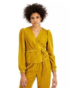 LEYDEN Mustard Velvet Wrap Blouse Long Sleeve Chic Style: LEYDEN Mustard Velvet Wrap Blouse Long Sleeve Chic Style Elevate your wardrobe with this sophisticated LEYDEN Velvet Wrap Top in a vibrant mustard color. This long sleeve blouse features a plush velve