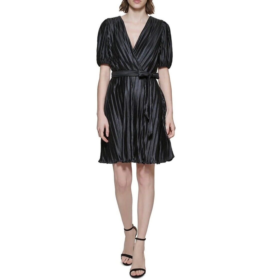 DKNY Women's Black Pleated Wrap Dress Size 2 with Balloon Sleeves: DKNY Women's Black Pleated Wrap Dress Size 2 with Balloon Sleeves Elevate your wardrobe with this DKNY Women's Pleated Knee Wrap Dress in Black, size 2. This stylish dress features a solid pattern, 3/