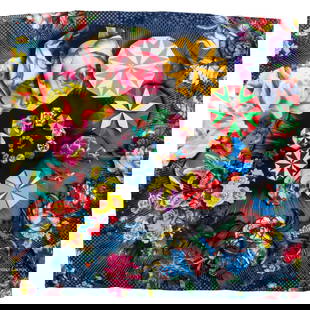 Christian Lacroix 100% Silk Blue Multicolor Scarf 23 in: Christian Lacroix 100% Silk Blue Multicolor Scarf 23 in This exquisite Christian Lacroix scarf is crafted from 100% silk, showcasing a vibrant multicolor pattern against a rich blue background. Measur