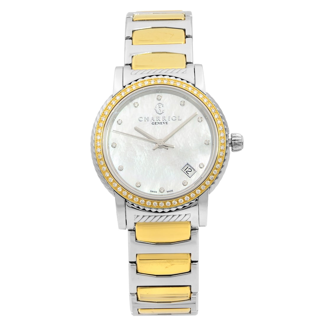 Charriol Parisii P33SY2D Ladies Quartz Watch with Diamond MOP Dial: Charriol Parisii P33SY2D Ladies Quartz Watch with Diamond MOP Dial Discover elegance with the Charriol Parisii Ladies Watch, featuring a stunning mother of pearl dial adorned with diamond markers. Thi