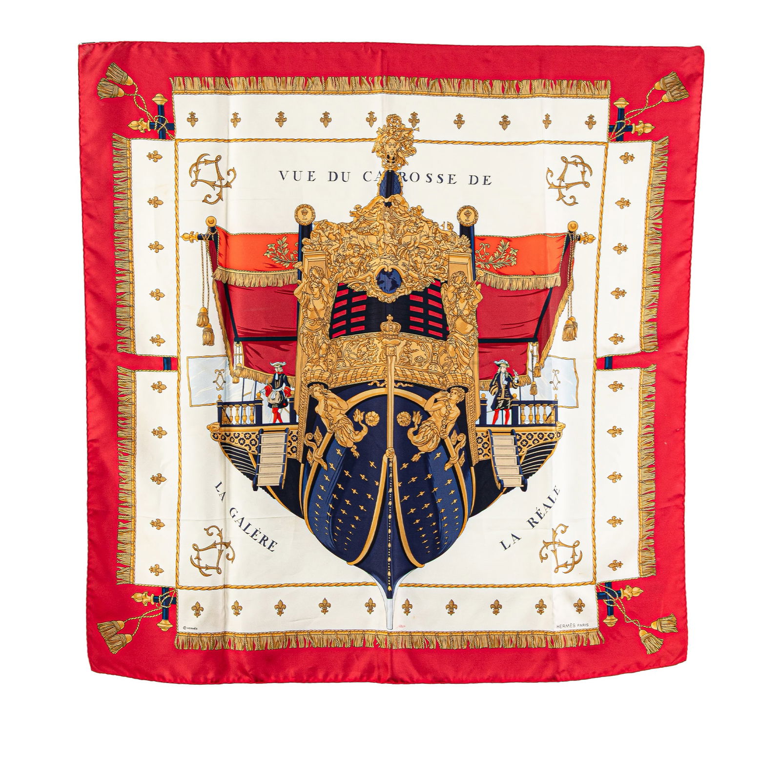 Hermes Vue Du Carosse De La Galere La Reale Red Silk Scarf: Hermes Vue Du Carosse De La Galere La Reale Red Silk Scarf The Vue Du Carosse De La Galere La Reale silk scarf by Hermes showcases a stunning print on luxurious 100% silk. This eye-catching accessory