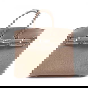 Hermes Birkin 25 Handbag Togo Leather Brown Women Silver Hardware: Hermes Birkin 25 Handbag Togo Leather Brown Women Silver Hardware This exquisite Hermes Birkin 25 handbag is crafted from premium Togo leather in a rich brown and Etoupe gray color scheme. Designed fo