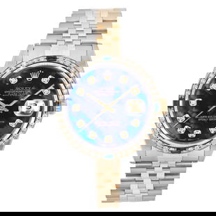 Rolex Datejust 16233 36mm Custom Diamond Blue MOP Dial Men's Watch: Rolex Datejust 16233 36mm Custom Diamond Blue MOP Dial Men's Watch This exquisite Rolex Datejust wristwatch features a luxurious 36mm case crafted from a combination of stainless steel and 18k gold. T