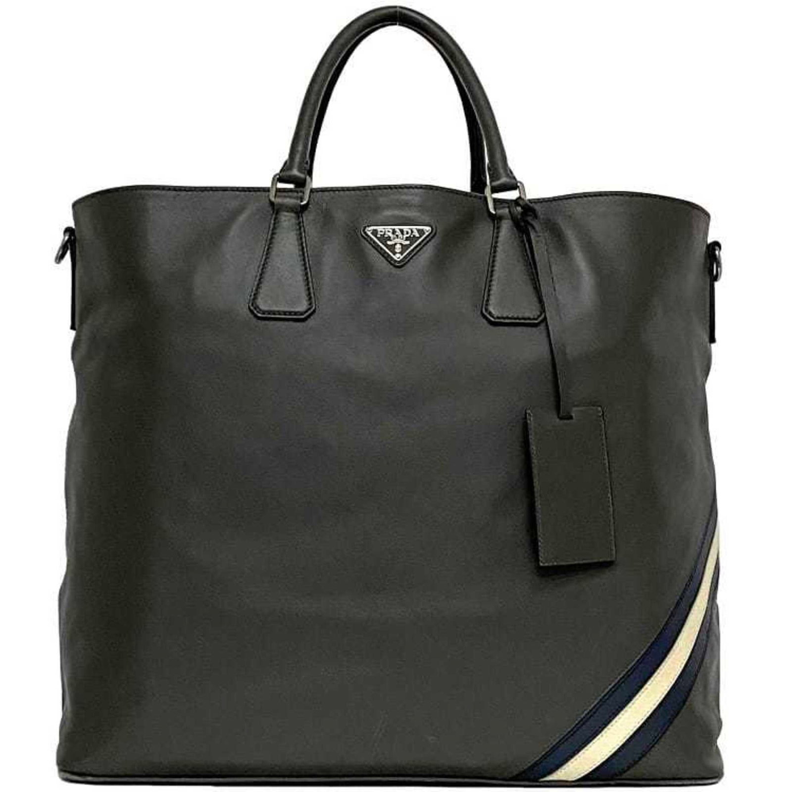 Prada Grey Saffiano Leather Tote Bag with Big Triangle Plate 39x52x21.5cm: Prada Grey Saffiano Leather Tote Bag with Big Triangle Plate 39x52x21.5cm This stylish Prada Tote Bag is crafted from luxurious grey Saffiano leather, featuring a prominent PRADA big triangle plate. D