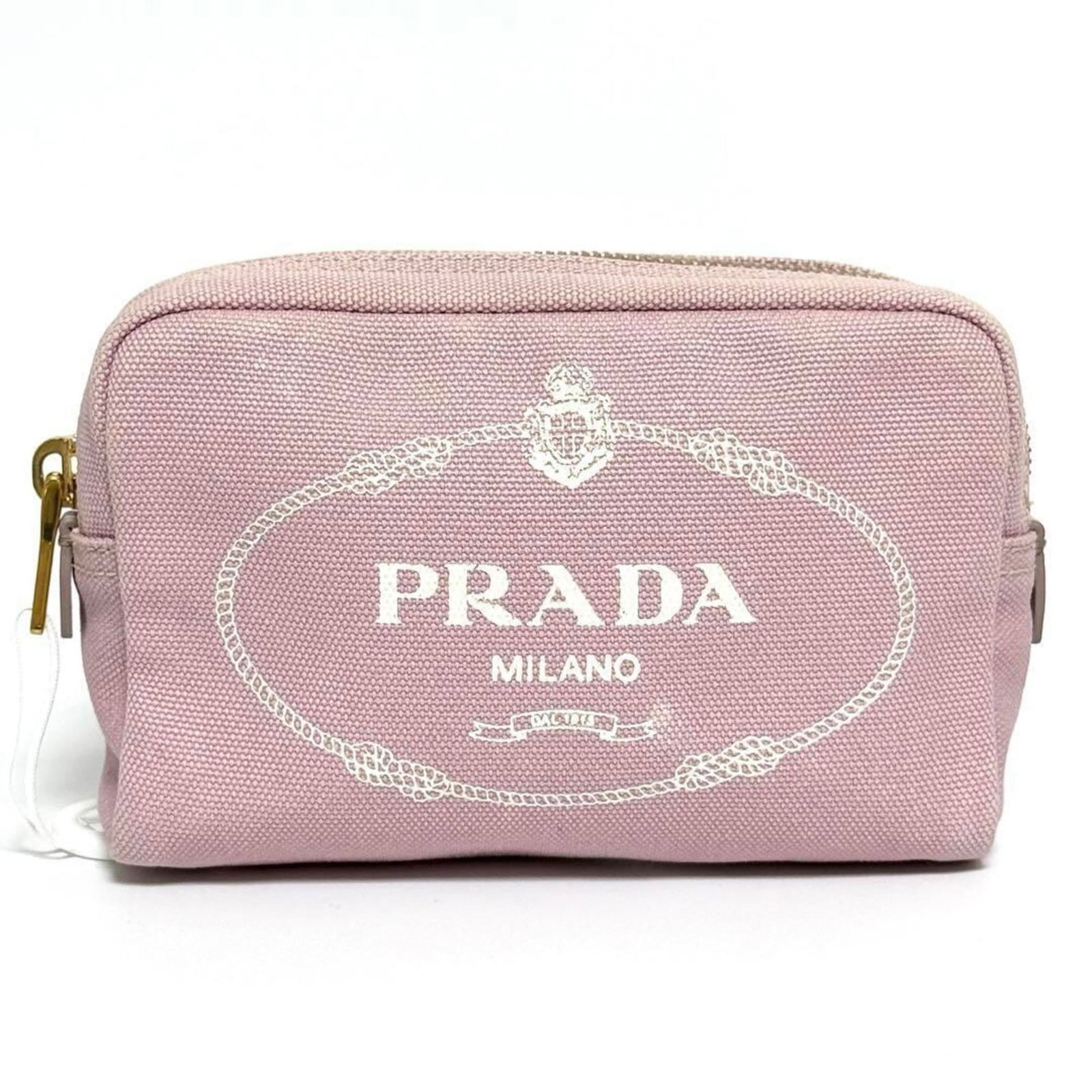 Prada Pink Canapa Cosmetic Pouch for Women: Prada Pink Canapa Cosmetic Pouch for Women This stylish Prada cosmetic pouch is crafted from durable Canapa material and features a vibrant pink color, making it a chic accessory for women. With dimen