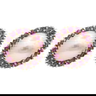 Harbor Diamonds Pink Freshwater Pearl Rhodolite Halo Earrings 3.79 Carats 18K Rose Gold: Harbor Diamonds Pink Freshwater Pearl Rhodolite Halo Earrings 3.79 Carats 18K Rose Gold Elevate your style with these exquisite Pink Freshwater Pearl Rhodolite Halo Stud Earrings, featuring a stunning