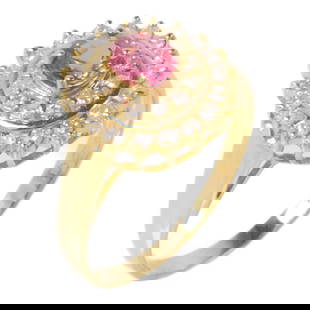 Pink Sapphire Diamond Ring in 18K Yellow Gold Size 4.75: Pink Sapphire Diamond Ring in 18K Yellow Gold Size 4.75 This exquisite ring features a stunning pink sapphire as the main stone, beautifully set in luxurious 18K yellow gold. With a ring size of 4.75,