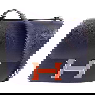 HERMES Constance 24 Shoulder Bag Bleu Sapair Epsom Leather: HERMES Constance 24 Shoulder Bag Bleu Sapair Epsom Leather This HERMES Constance 24 Shoulder Bag is crafted from luxurious Epsom leather in a stunning Bleu Sapair color. The bag features a stylish sho