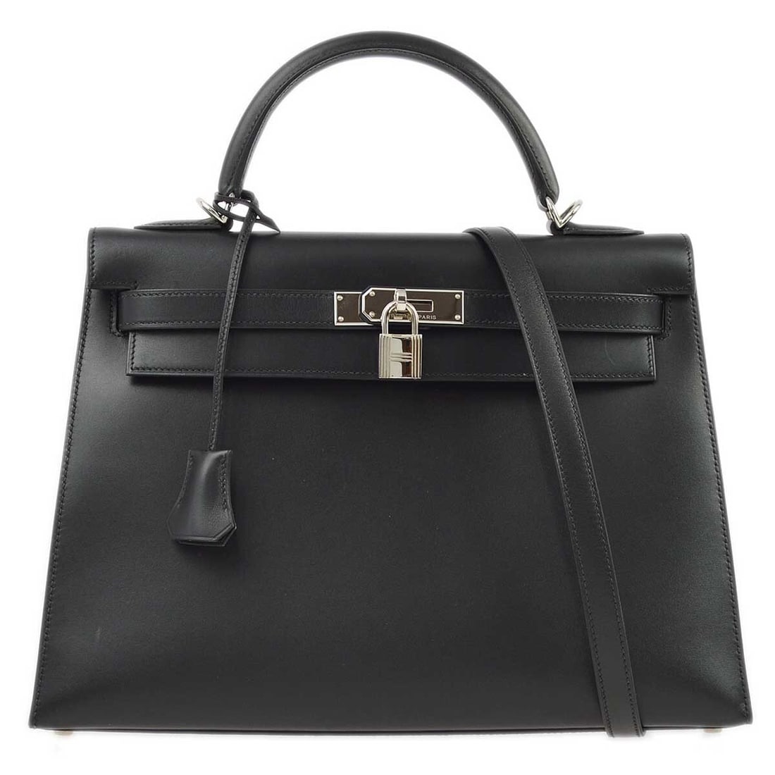 Hermes Kelly 32 Black Box Calf 2way Handbag with Silver Hardware: Hermes Kelly 32 Black Box Calf 2way Handbag with Silver Hardware Introducing the exquisite Hermes Black Box Calf Kelly 32 Sellier 2way Handbag, a perfect blend of elegance and functionality. This medi