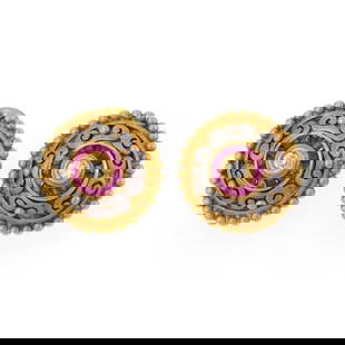 Etruscan 18k Two Tone Gold Diamond Ruby Earrings with Omega Backs: Etruscan 18k Two Tone Gold Diamond Ruby Earrings with Omega Backs Elevate your style with these exquisite earrings, skillfully crafted from 18k yellow and white gold. The dome-shaped design in yellow
