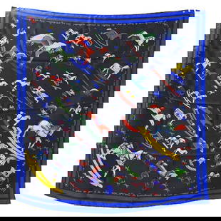 Hermes Women Silk Scarf Raconte Moi Le Cheval Black Blue 90: Hermes Women Silk Scarf Raconte Moi Le Cheval Black Blue 90 This elegant Hermes scarf, designed for women, features a stunning "Raconte Moi Le Cheval" motif, showcasing a beautiful depiction of horses