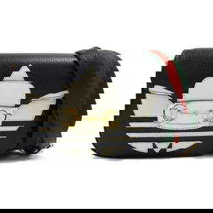 GUCCI Horsebit 1955 Shoulder Bag Black Calfskin GHW Limited Edition: GUCCI Horsebit 1955 Shoulder Bag Black Calfskin GHW Limited Edition Introducing the GUCCI GG GHW Gucci X Adidas Horsebit 1955 Shoulder Bag, a stylish accessory that combines luxury with functionality.