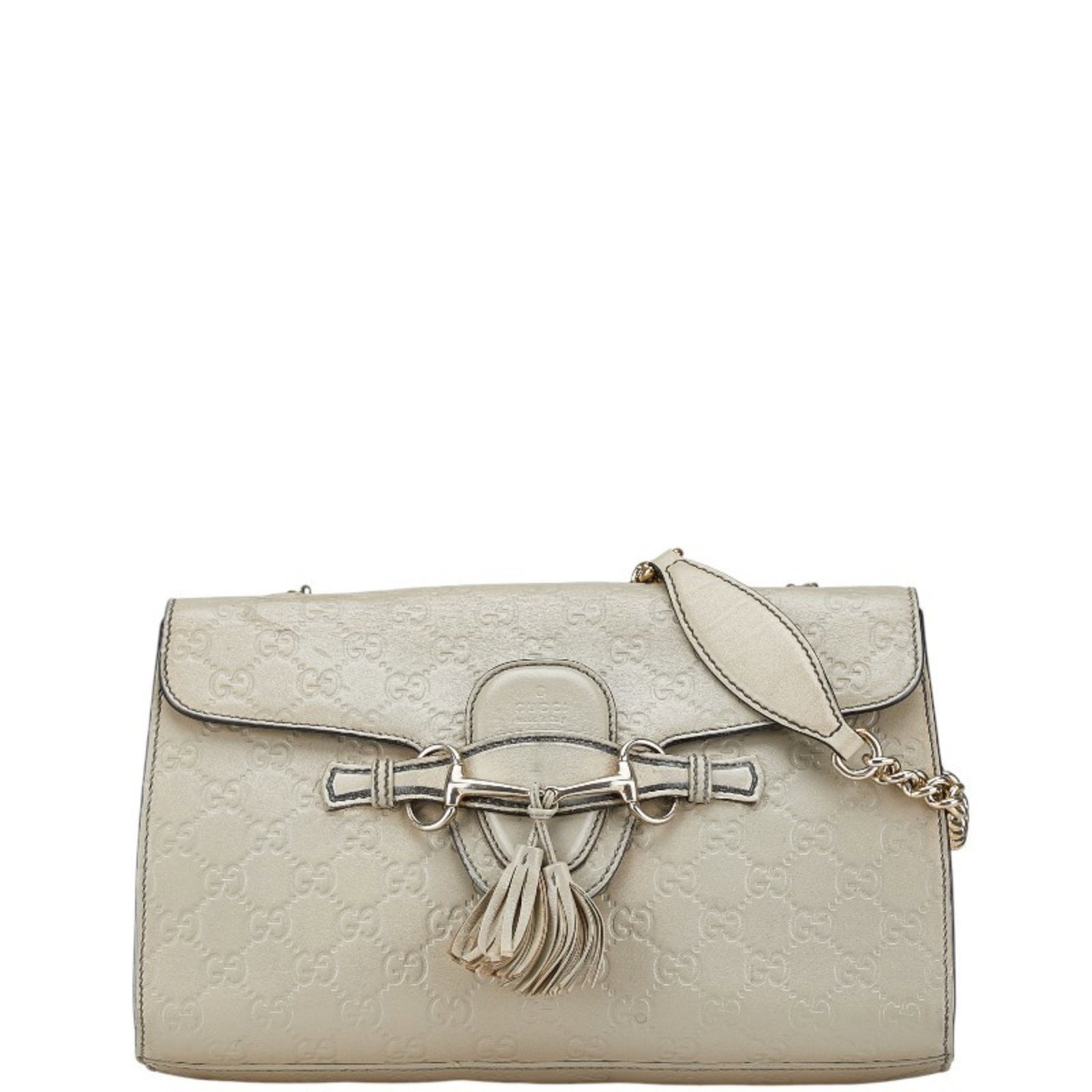 Gucci Guccissima Emily Leather Shoulder Bag Beige Ivory Women: Gucci Guccissima Emily Leather Shoulder Bag Beige Ivory Women Elevate your style with the Gucci Guccissima Emily Horsebit Chain Shoulder Bag, crafted from luxurious leather in an elegant beige and ivo
