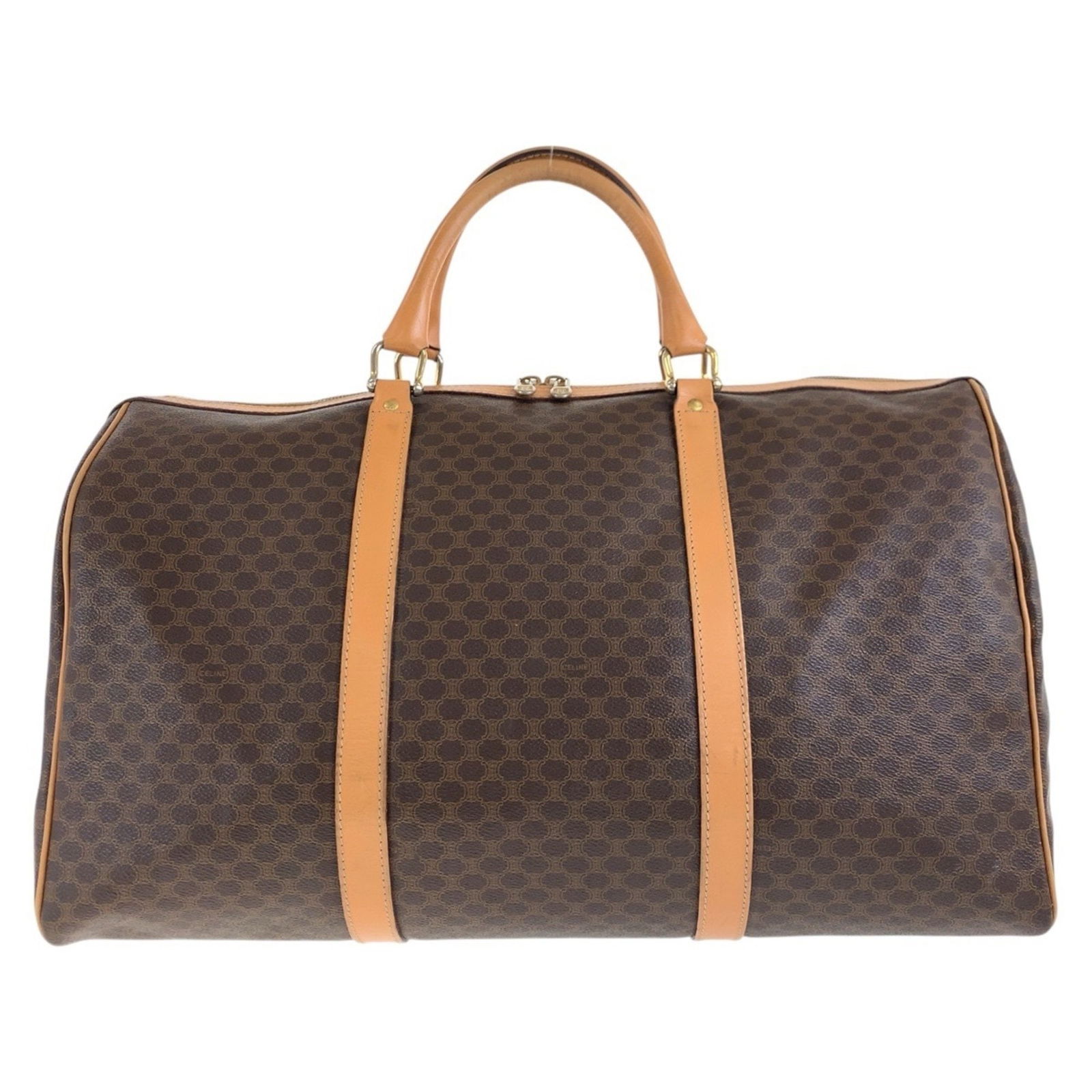 Celine Vintage Macadam Brown PVC Leather Boston Bag Gold Hardware: Celine Vintage Macadam Brown PVC Leather Boston Bag Gold Hardware This vintage Celine Macadam Boston bag is crafted from durable PVC leather in a rich brown color, featuring elegant gold hardware for