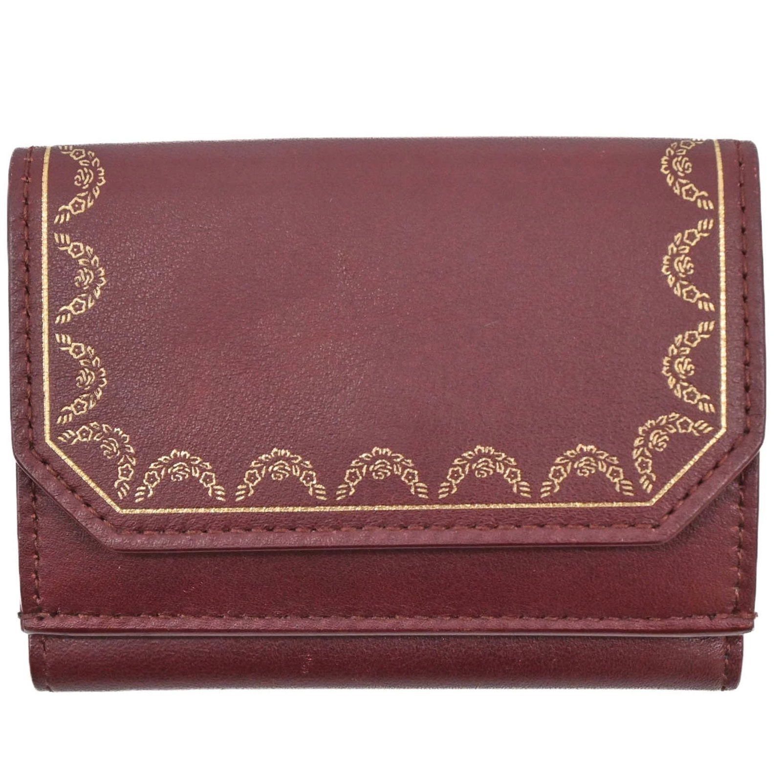 Cartier Garland de Bordeaux Red Tri-Fold Leather Wallet for Women: Cartier Garland de Bordeaux Red Tri-Fold Leather Wallet for Women Discover the exquisite Cartier Garland de Wallet, a compact tri-fold wallet designed for women. Crafted from high-quality leather, thi