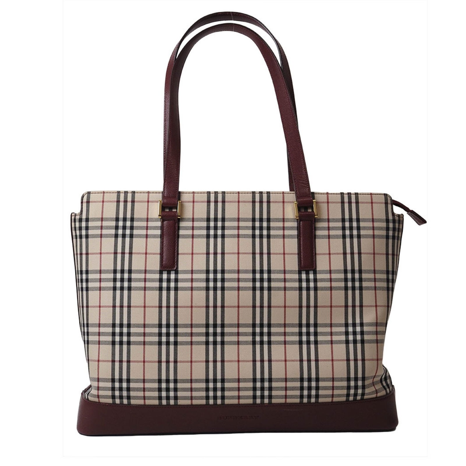 Burberry Nova Check Beige Bordeaux Canvas Leather Tote Bag 28cm x 37cm: Burberry Nova Check Beige Bordeaux Canvas Leather Tote Bag 28cm x 37cm This Burberry Nova Check Shoulder Tote Bag is a stylish and versatile accessory for women. Made from a combination of canvas and
