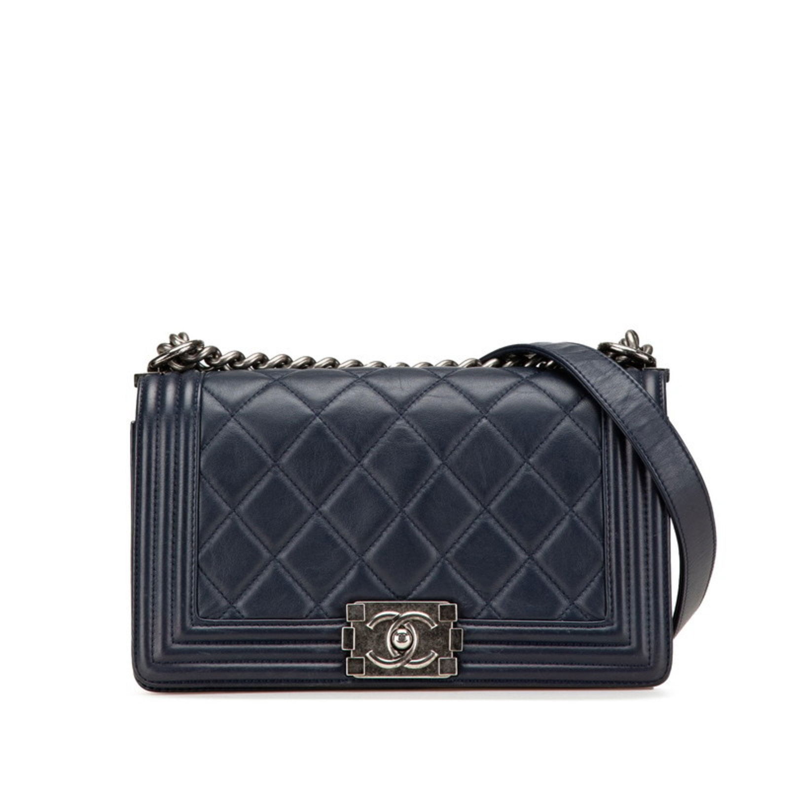 Chanel Boy Coco Mark Navy Lambskin Shoulder Bag with Silver Hardware: Chanel Boy Coco Mark Navy Lambskin Shoulder Bag with Silver Hardware Elevate your style with this exquisite Chanel Boy Coco Mark Chain Shoulder Bag. Crafted from luxurious navy lambskin leather, this