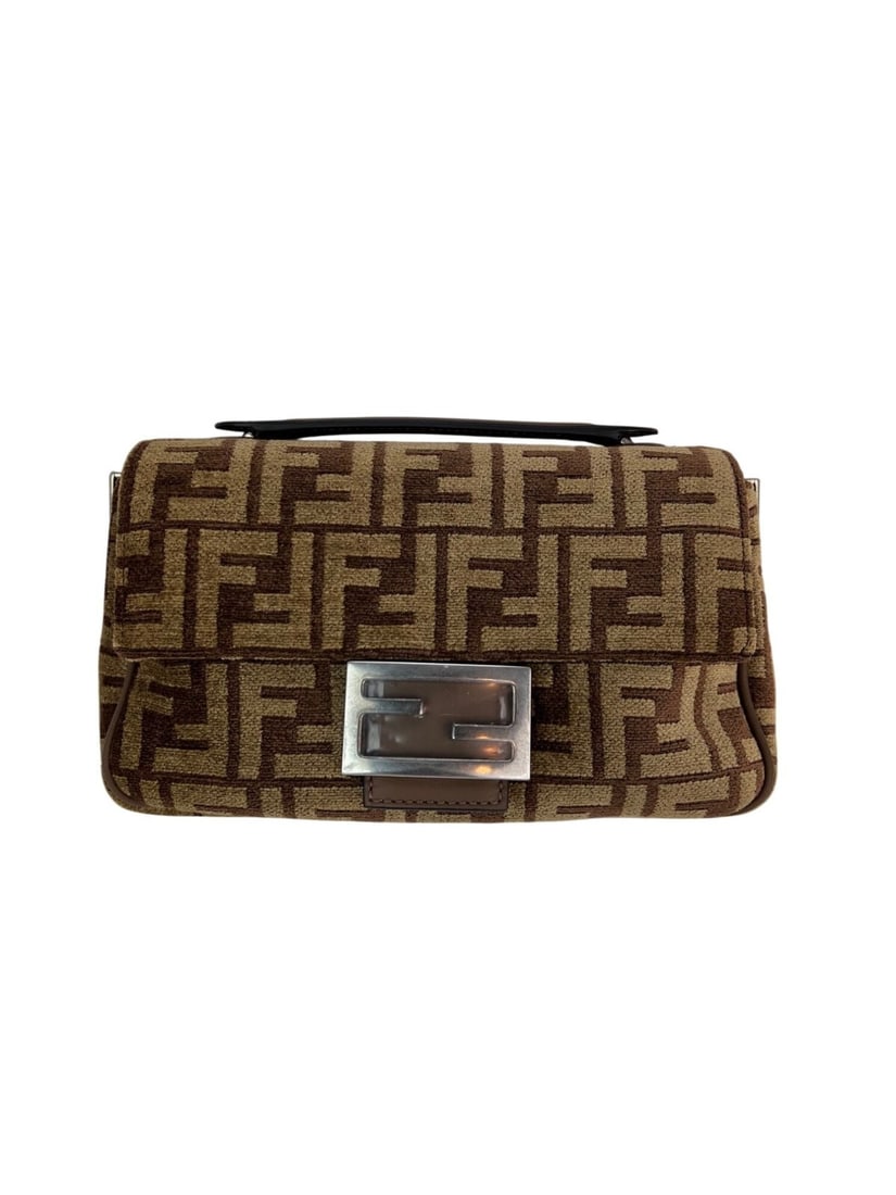 Fendi Baguette Chain Midi Shoulder Bag Brown Canvas Zucca Pattern: Fendi Baguette Chain Midi Shoulder Bag Brown Canvas Zucca Pattern Introducing the Fendi Chenille Vitello Seta FF Midi Chain Baguette Sand Shoulder Bag, a stylish accessory perfect for casual outings o