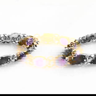 Vintage 14k Yellow Gold Amethyst Pearl Bracelet 7 Inch: Vintage 14k Yellow Gold Amethyst Pearl Bracelet 7 Inch This exquisite vintage bracelet is crafted from 14k yellow gold, featuring a polished finish that enhances its elegance. The design showcases nin