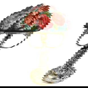 Pairpoint Art Nouveau Rose Bouquet Lamp on Silvered Grape Base: Pairpoint Art Nouveau Rose Bouquet Lamp on Silvered Grape Base This exquisite Pairpoint Puffy lamp features a stunning Rose Bouquet shade adorned with vibrant hues of red and pink, complemented by a l