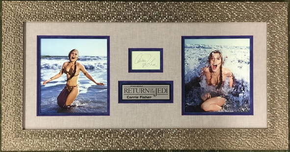 Carrie Fisher Signed Star Wars ROTJ Custom Framed 19 x 35 Display Beckett: Carrie Fisher Signed Star Wars ROTJ Custom Framed 19 x 35 Display Beckett This stunning custom framed photo display features an iconic image from Star Wars: Return of the Jedi, signed by Carrie Fisher