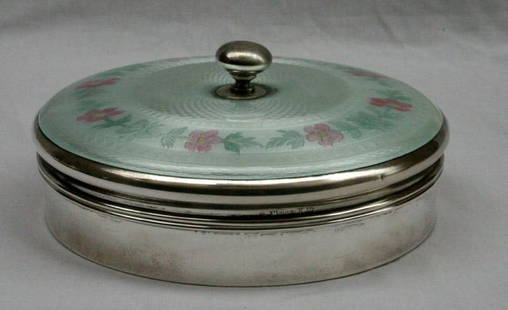 Enameled Sterling Silver Covered Box by BSC Circa 1900-1940: Enameled Sterling Silver Covered Box by BSC Circa 1900-1940 Discover this magnificent enameled covered box crafted from sterling silver, dating between 1900 and 1940. This exquisite piece features int