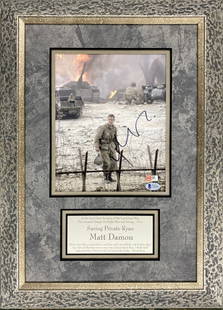 Matt Damon Signed 8x10 Saving Private Ryan Photo Custom Framed 15x22 Beckett COA: Matt Damon Signed 8x10 Saving Private Ryan Photo Custom Framed 15x22 Beckett COA This custom framed display features a signed 8" x 10" photograph from the iconic movie "Saving Private Ryan," autograph
