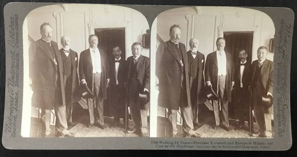 1905 Original Theodore Roosevelt Stereoview Working for Peace 3" x 7": 1905 Original Theodore Roosevelt Stereoview Working for Peace 3" x 7" Discover a piece of history with this original 1905 stereoview featuring President Theodore Roosevelt working for peace. This vint