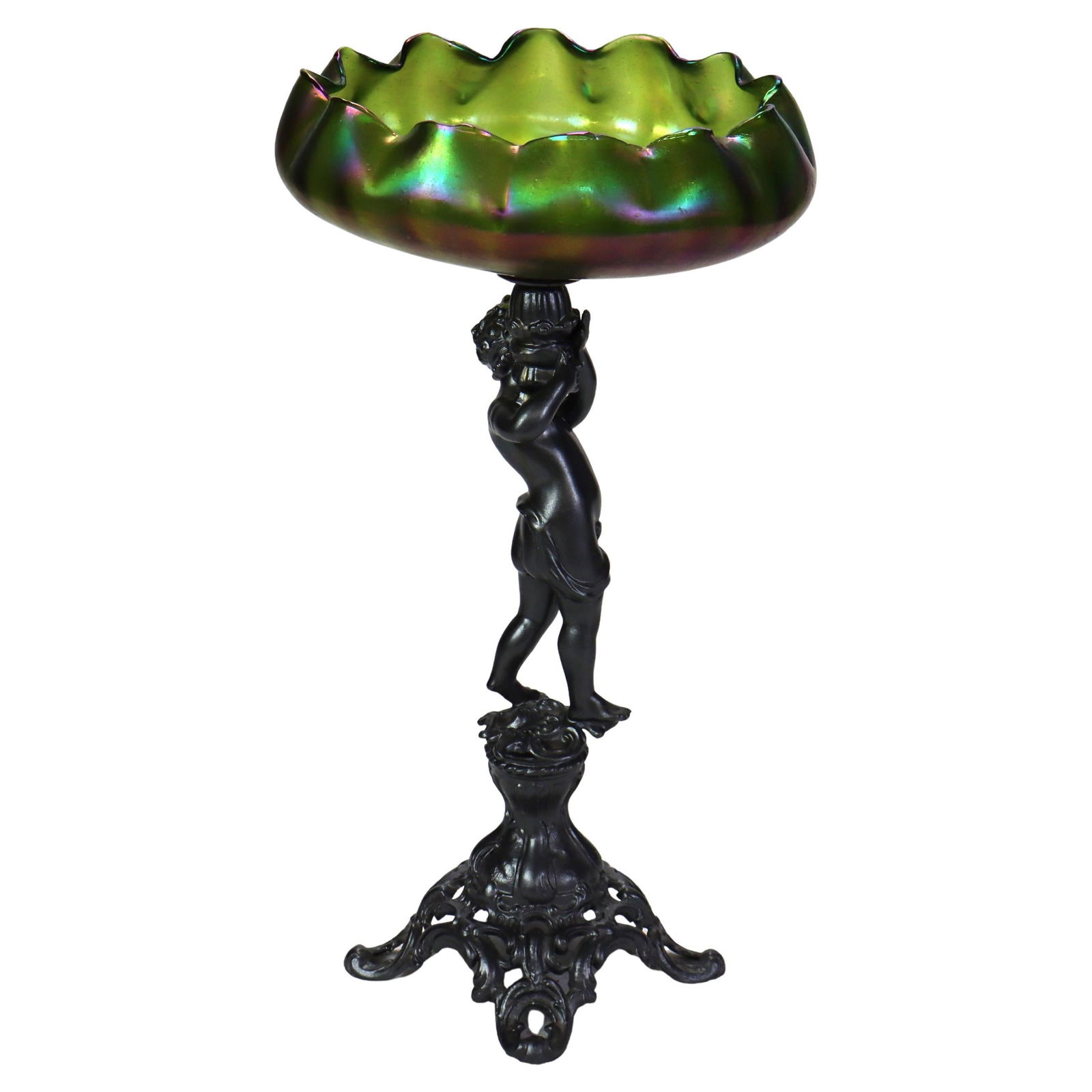 Loetz Art Nouveau Compote Iridescent Green Glass Bowl C1890: Loetz Art Nouveau Compote Iridescent Green Glass Bowl C1890 This exquisite antique compote features a stunning iridescent green glass bowl crafted by Loetz, a renowned glass manufacturer known for the