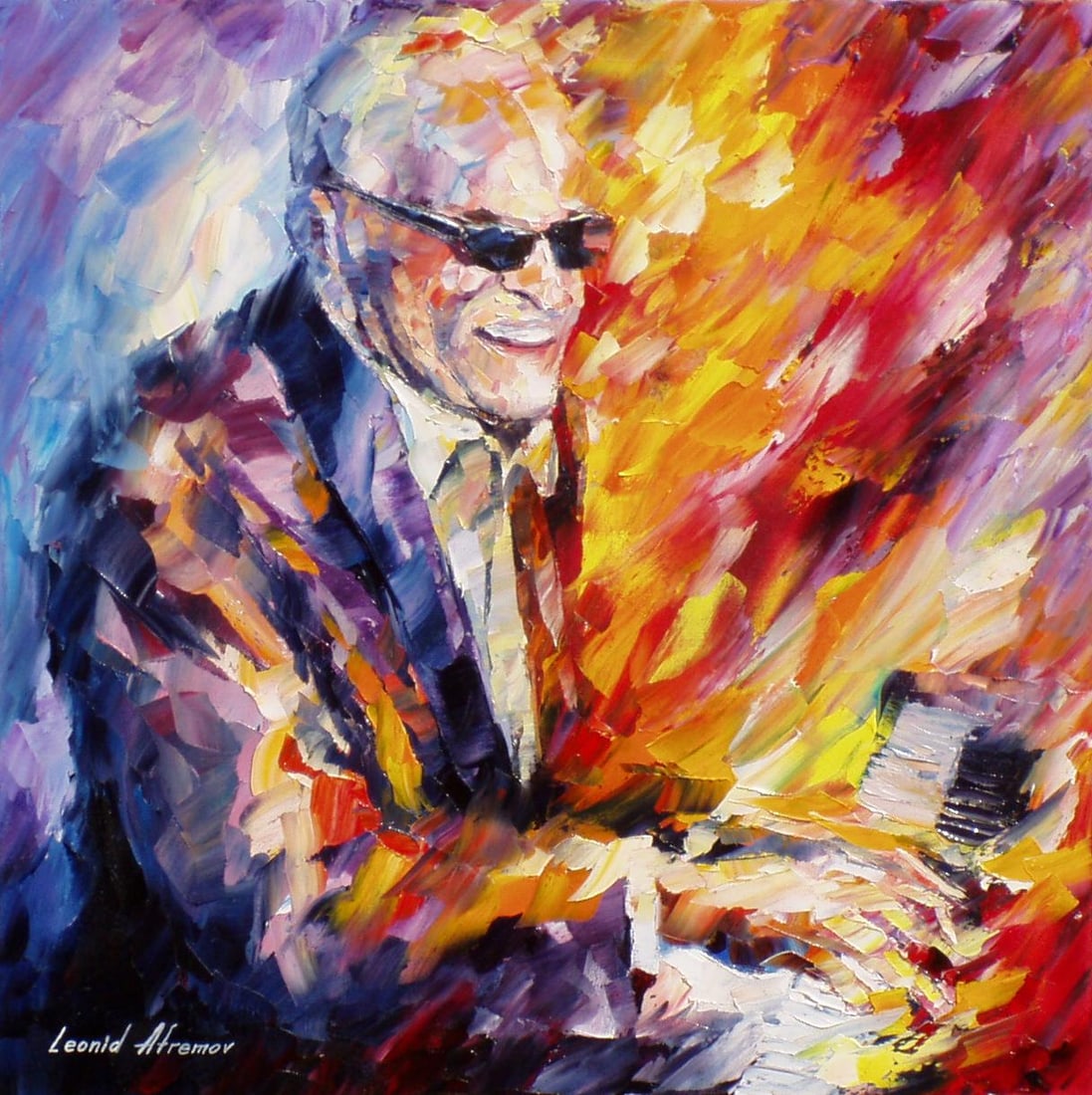 Ray Charles Limited Edition Giclee 90cm by Leonid Afremov 1 of 25: Ray Charles Limited Edition Giclee 90cm by Leonid Afremov 1 of 25 This limited edition giclee is a hand-painted artwork by renowned artist Leonid Afremov, featuring the legendary musician Ray Charles.