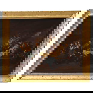 Circa 1880 Antique Oil Painting German Tavern Scene Giltwood Frame: Circa 1880 Antique Oil Painting German Tavern Scene Giltwood Frame This captivating antique oil on board painting features a German tavern scene from circa 1880, measuring 9.5 inches in height, 11.75