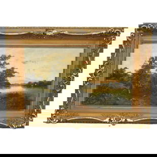 Antique Oil Painting Landscape Scene C1890 Ornate Frame: Antique Oil Painting Landscape Scene C1890 Ornate Frame This exquisite antique oil on canvas painting captures a serene farm landscape, dating back to circa 1890. The artwork features lush greenery, a