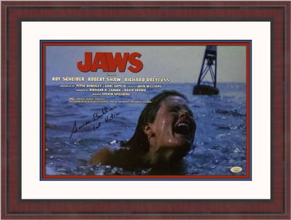 Susan Backlinie Jaws Autographed Photo Custom Framed 23 x 17 JSA Authenticated: Susan Backlinie Jaws Autographed Photo Custom Framed 23 x 17 JSA Authenticated This custom framed photograph features Susan Backlinie, known for her role in the classic movie Jaws, and is signed by he
