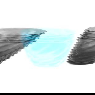 Set of 4 Steuben Celeste Blue Art Glass Bowls: Set of 4 Steuben Celeste Blue Art Glass Bowls This exquisite set of four Steuben Celeste Blue Fingered Glass Bowls showcases the elegance of art glass craftsmanship. Each bowl, measuring 5 inches in l